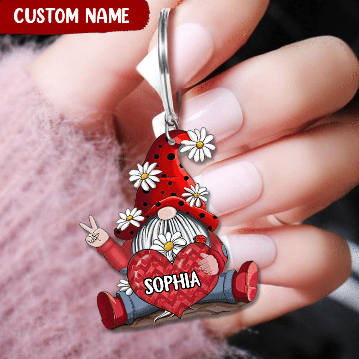 Personalized Gnome With Heart Custom Name Keychain/ Gift for Her Acrylic Keychain