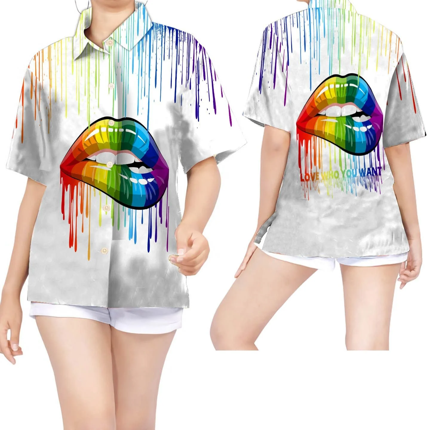 Women Hawaiian Shirt For Lgbt Community In Summer/ Love Who You Want Rainbow Lips Watercolor