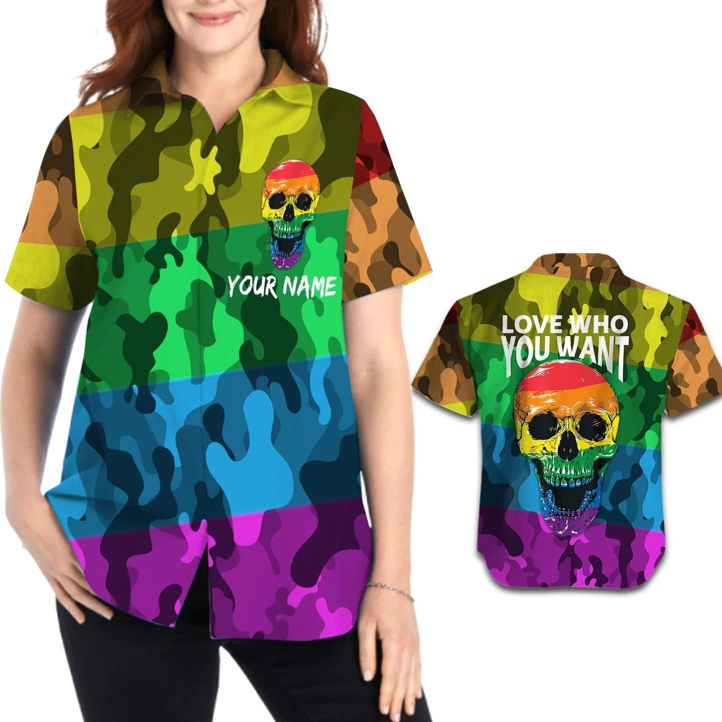 Personalized Lesbian Hawaiian Shirt With Name/ Pride Month/ Lgbt Rainbow Skull
