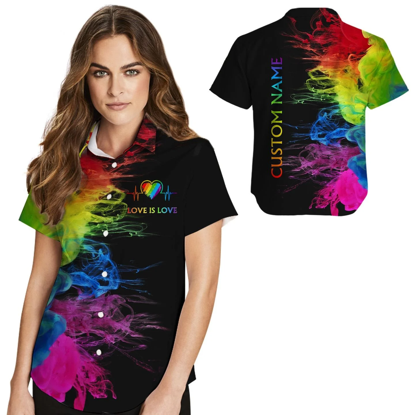 Custom Name Women Hawaiian Shirt For Lesbian/ Love Is Love Rainbow Heartbeats/ Pride Month LGBT