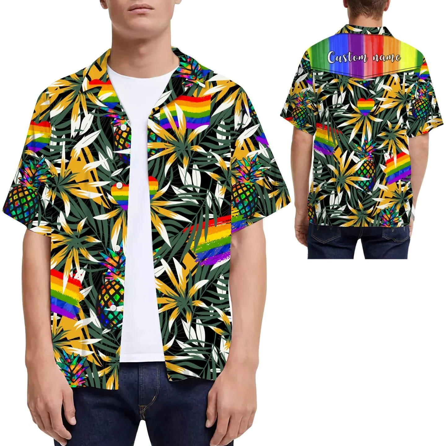 Rainbow Pineapples Tropical Leaves Custom Name Men Hawaiian Shirt For Lgbt Community