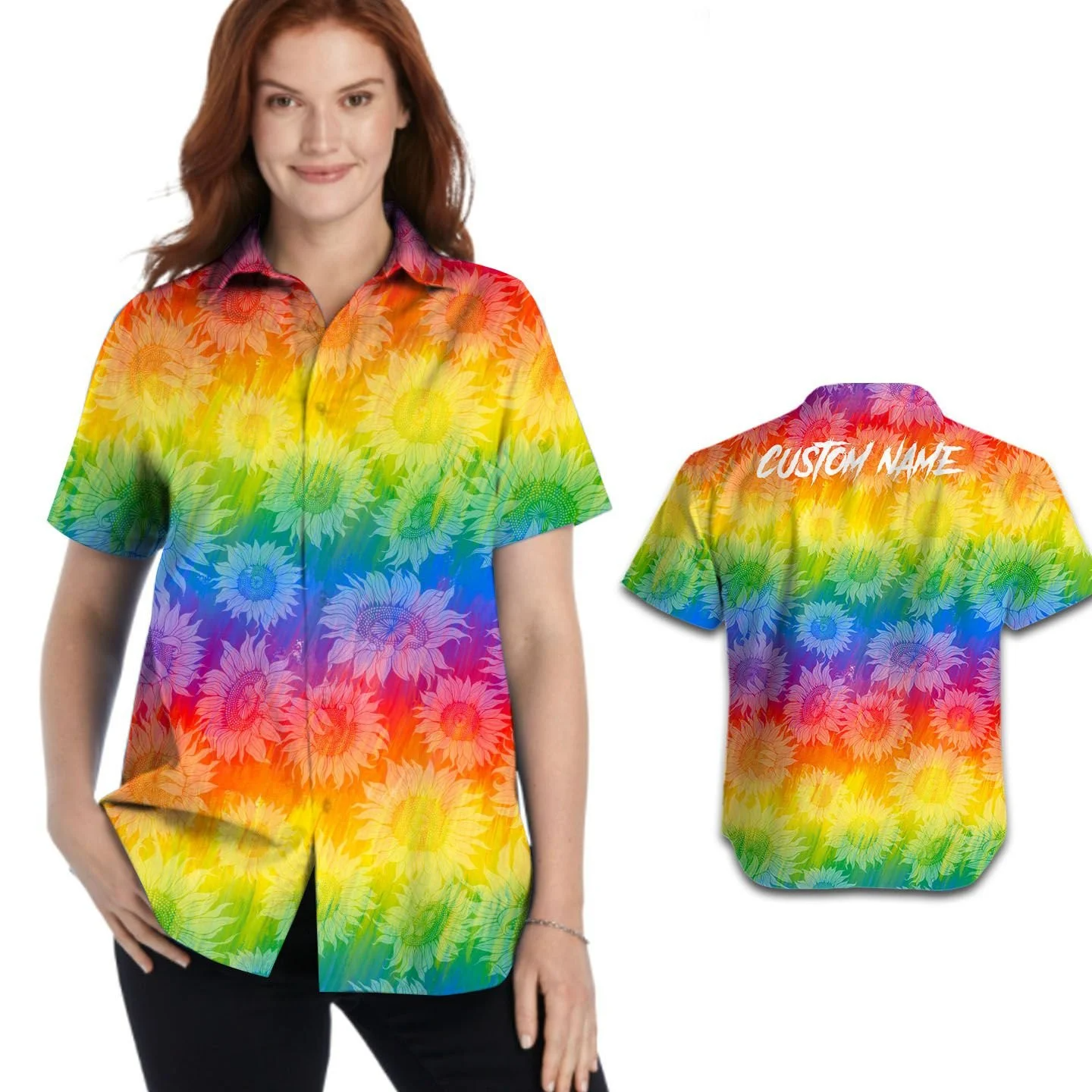 Custom Name Women Hawaiian Shirt For Lgbtq Community In Pride Month/ Rainbow Sunflower Pattern