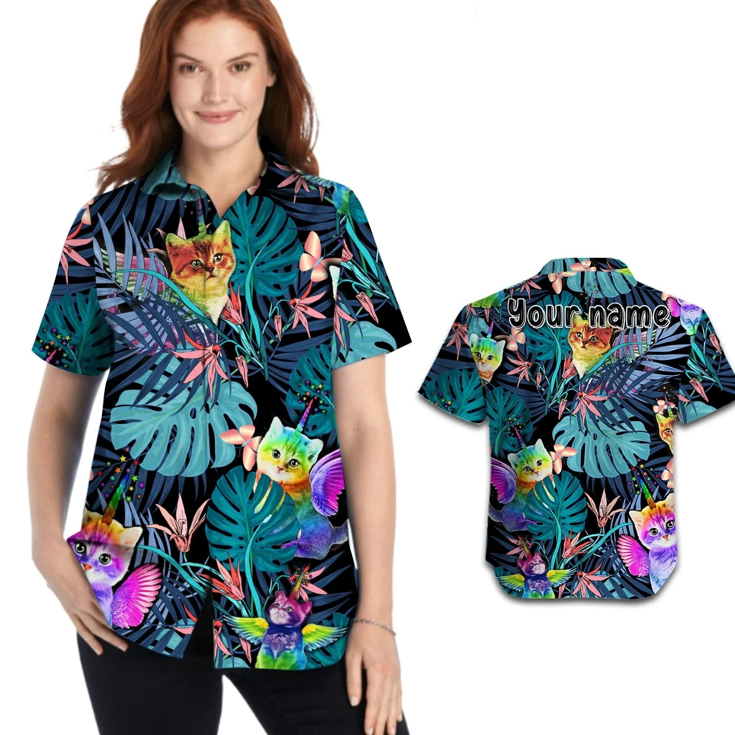 Custom Name Women Hawaiian Shirt For Lgbt Community/ Cute Cat Lgbt Flag