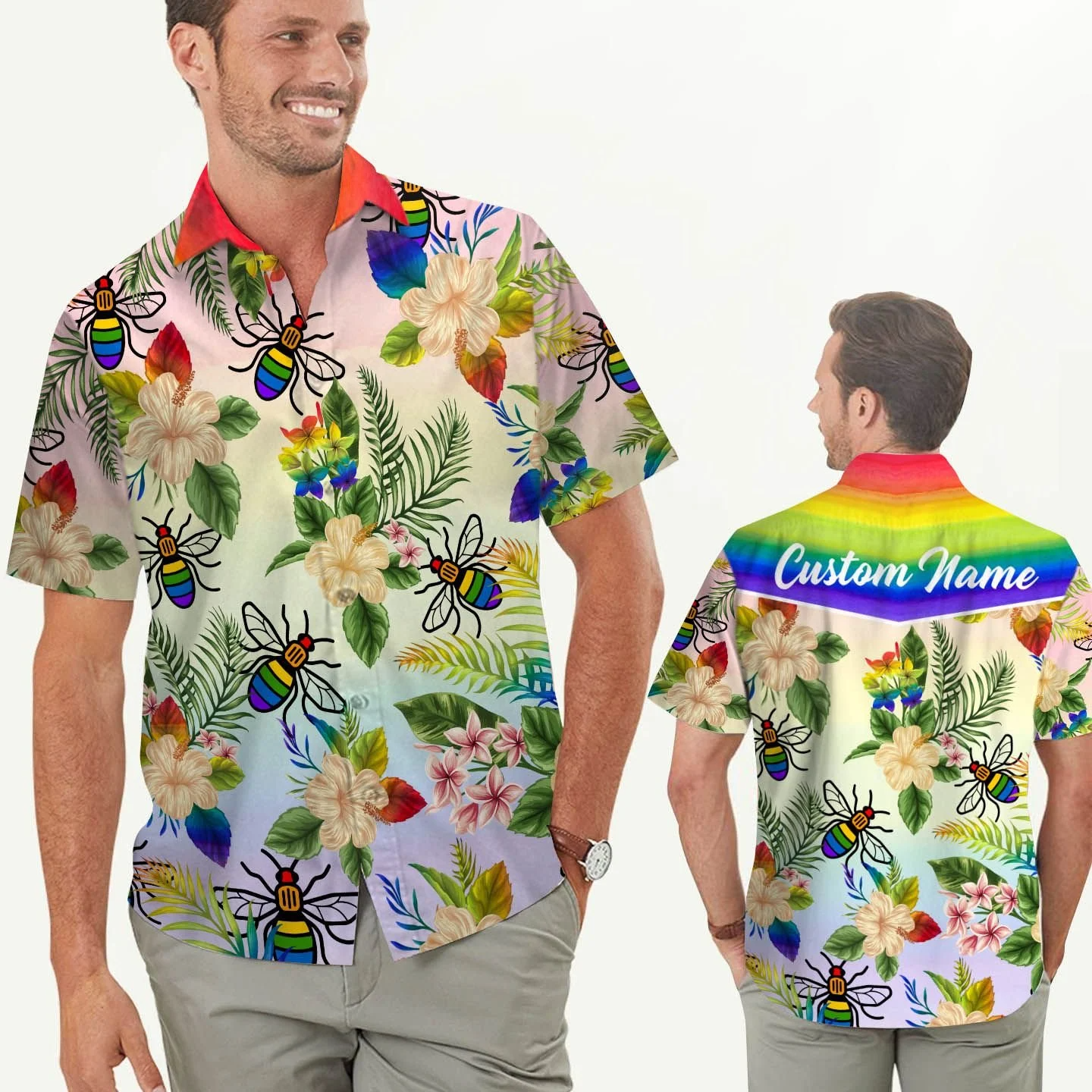 Custom Name Men Hawaiian Shirt For Lgbt Community/ Rainbow Bee Hibiscus Flower