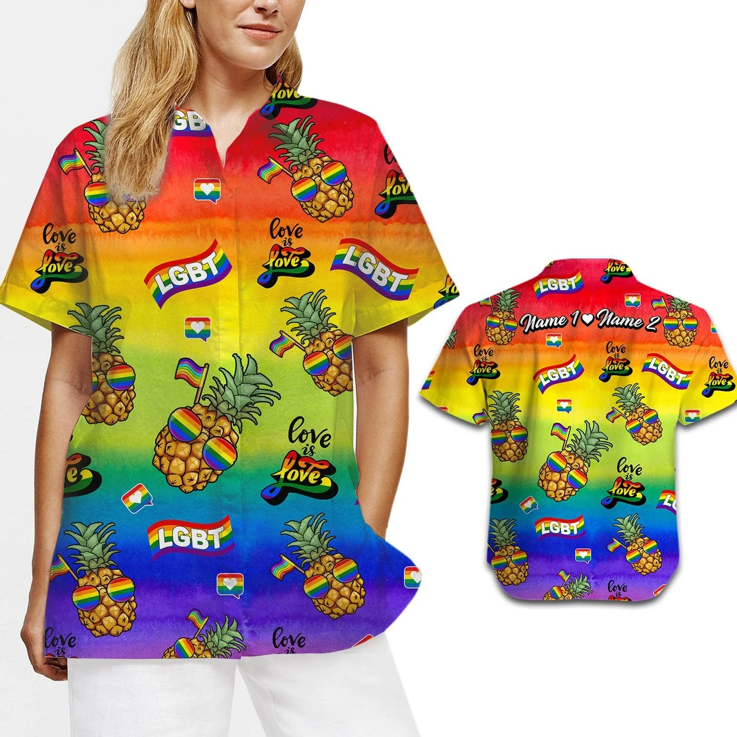 Personalized Couple LGBT Name Love Is Love Lgbt Rainbow Pineapples Hawaiian Shirt For Pride Month