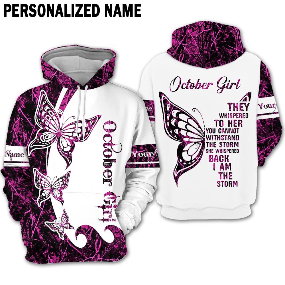 Presonalized Name Birthday Outfit October Girl 3D All Over Printed Bufterfly Huting Pattern  Birthday Shirt