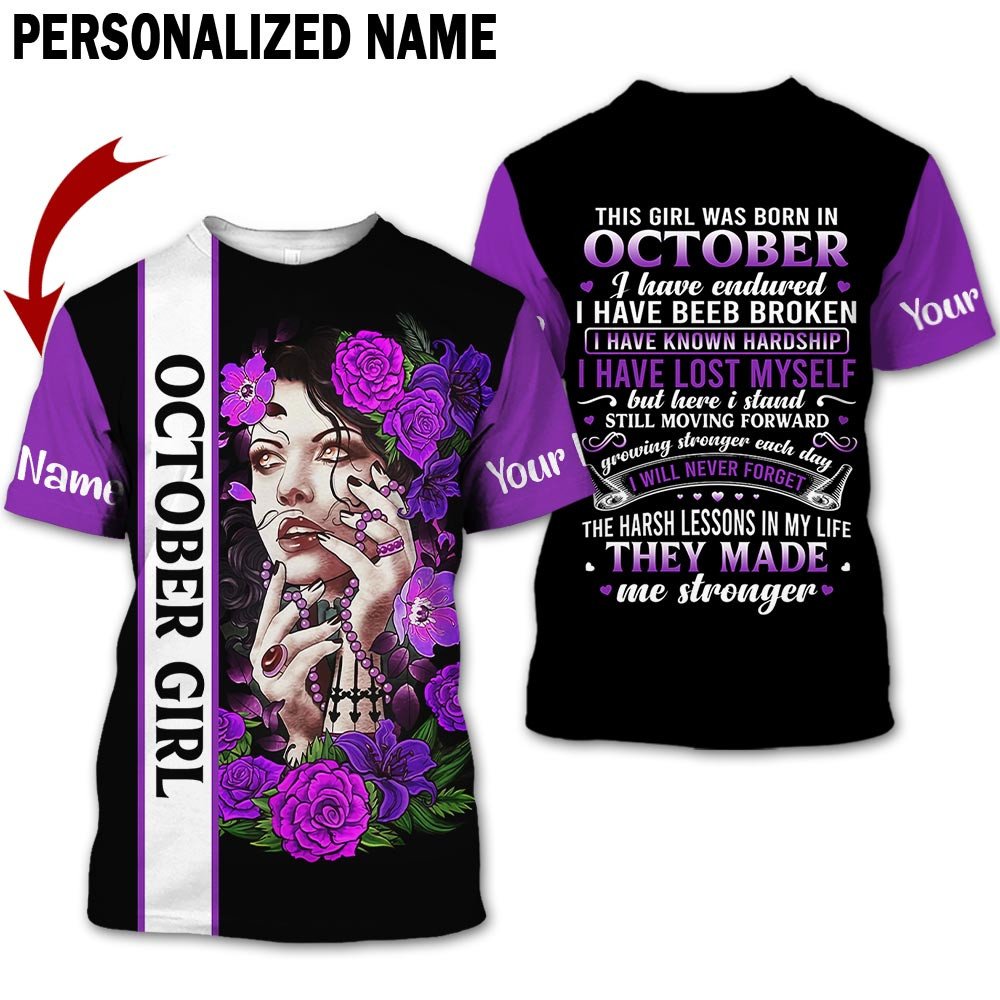 Presonalized Name Birthday Outfit October Girl 3D All Over Printed Purple Flower Girl Birthday Shirt