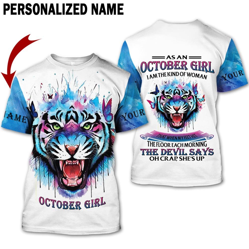 Presonalized Name Birthday Outfit October Girl 3D All Over Printed Tiger Blue Pating Birthday Shirt