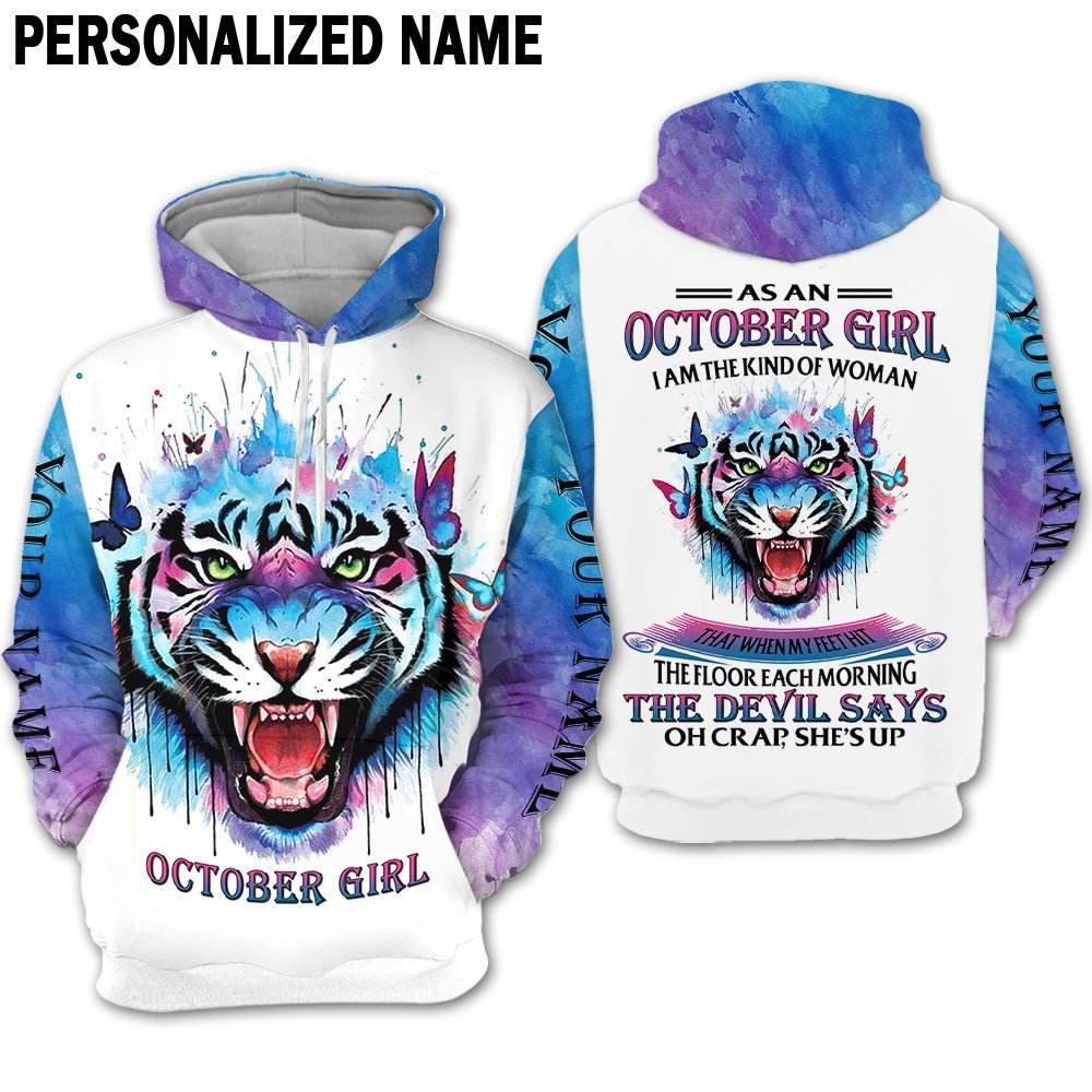 Presonalized Name Birthday Outfit October Girl 3D All Over Printed Tiger Blue Pating Birthday Shirt