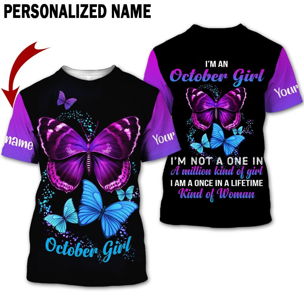 Presonalized Name Birthday Outfit October Girl 3D All Over Printed Bufterfly Purple And Blue Birthday Shirt