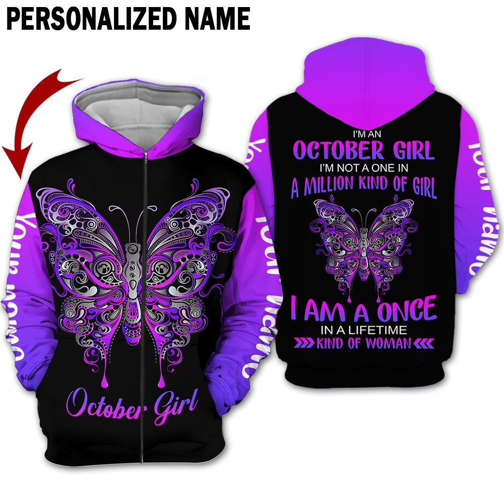 Presonalized Name Birthday Outfit October Girl 3D All Over Printed Bufterfly Purple Birthday Shirt