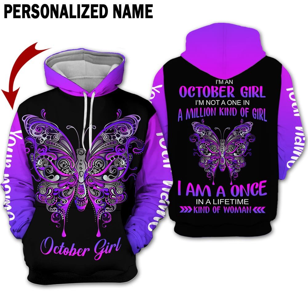 Presonalized Name Birthday Outfit October Girl 3D All Over Printed Bufterfly Purple Birthday Shirt