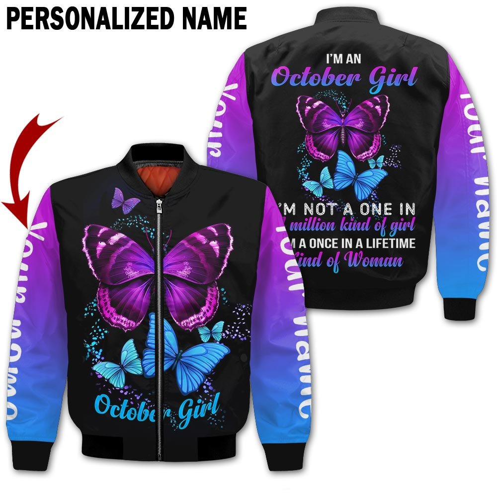 Presonalized Name Birthday Outfit October Girl 3D All Over Printed Bufterfly Purple And Blue Birthday Shirt