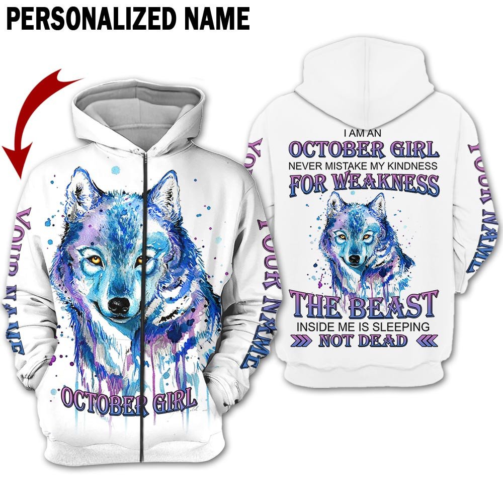 Presonalized Name Birthday Outfit October Girl 3D All Over Printed Wolf Panting Birthday Shirt