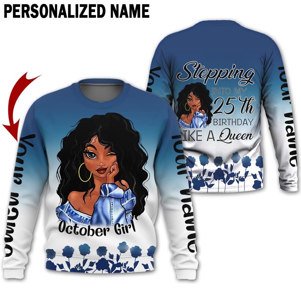 Personalized Name Birthday Outfit October Girl Blue Flower 25th Birthday Shirt For Women