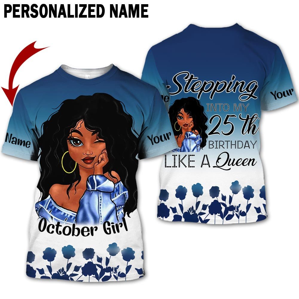 Personalized Name Birthday Outfit October Girl Blue Flower 25th Birthday Shirt For Women