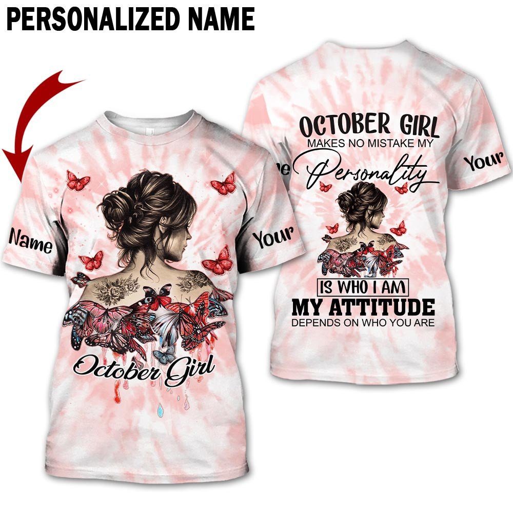 Personalized Name Birthday Outfit October Girl Hippie Bufterfly Red Birthday Shirt For Women