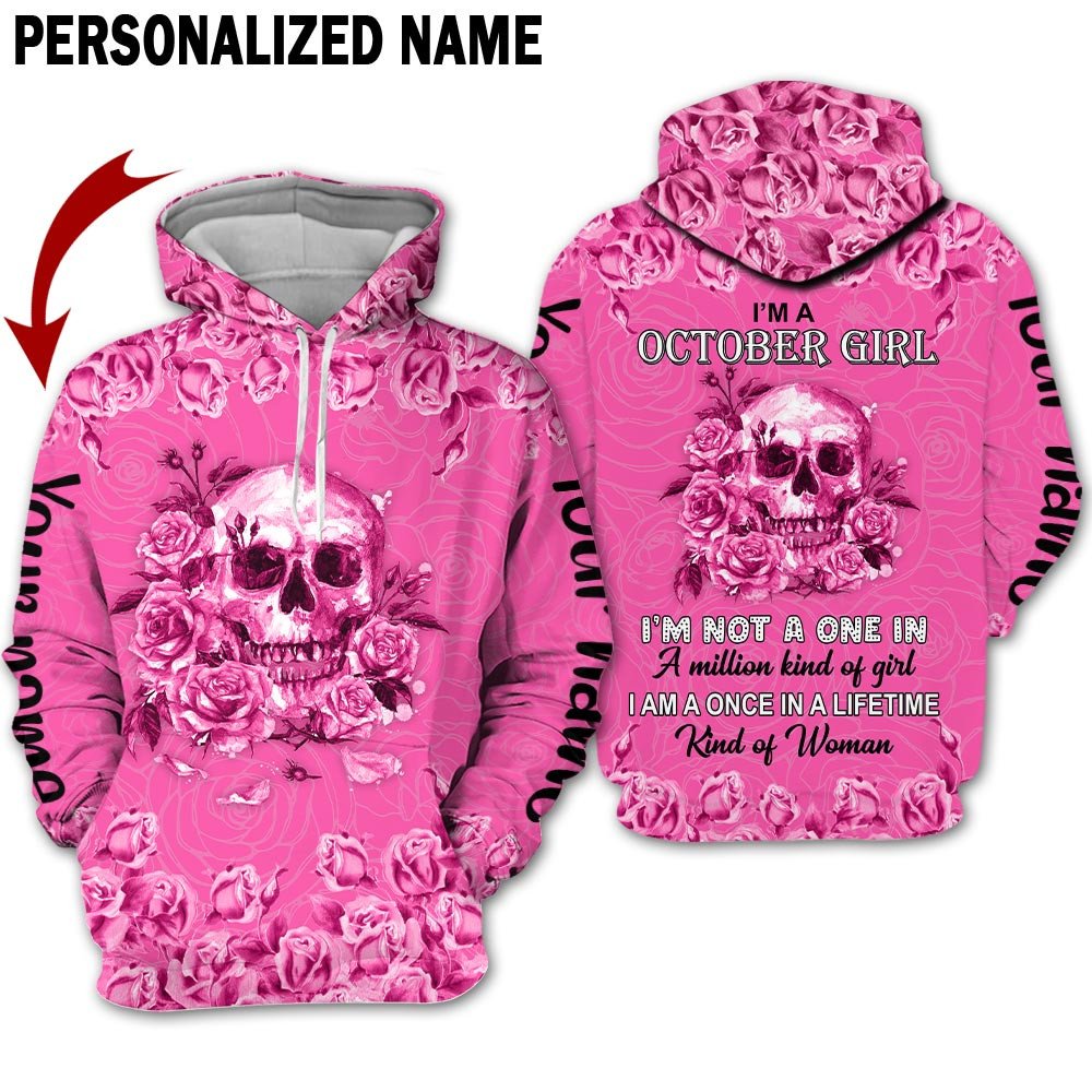 Personalized Name Birthday Outfit October Girl Skull Flower Pink Pink Birthday Shirt For Women