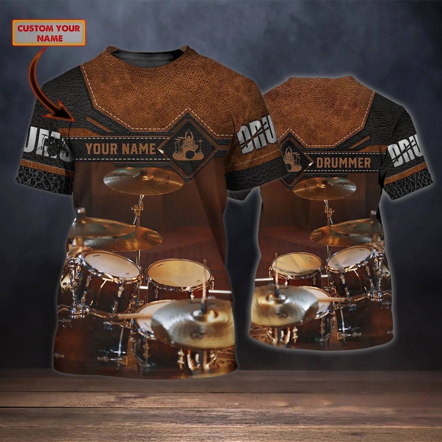 3D Print Brown T Shirt For A Drummer/ Drum Print On Shirt Leather Pattern/ Custom Shirt For A Drummer