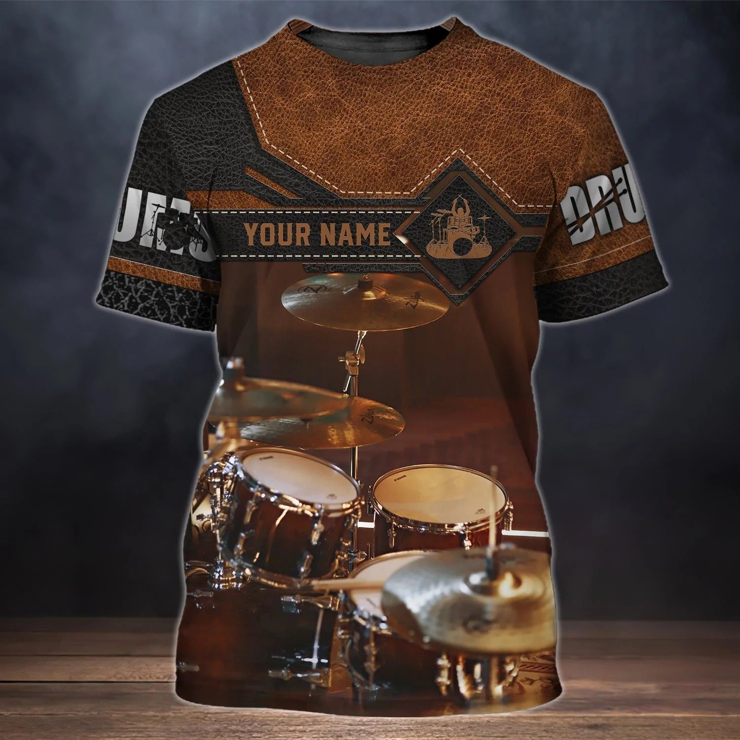 3D Print Brown T Shirt For A Drummer/ Drum Print On Shirt Leather Pattern/ Custom Shirt For A Drummer