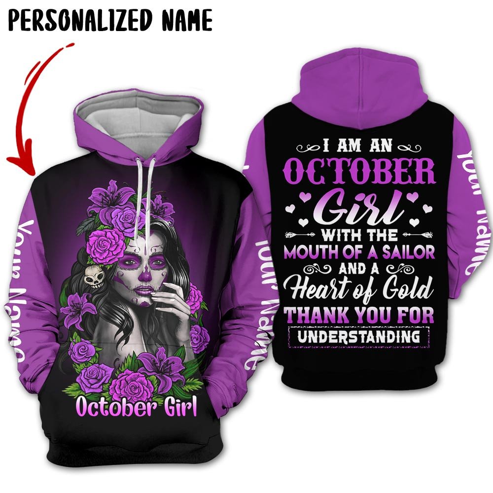Personalized Name Birthday Outfit  Birthday Outfit October Girl Sugar Skull Flower All Over Printed Birthday Shirt