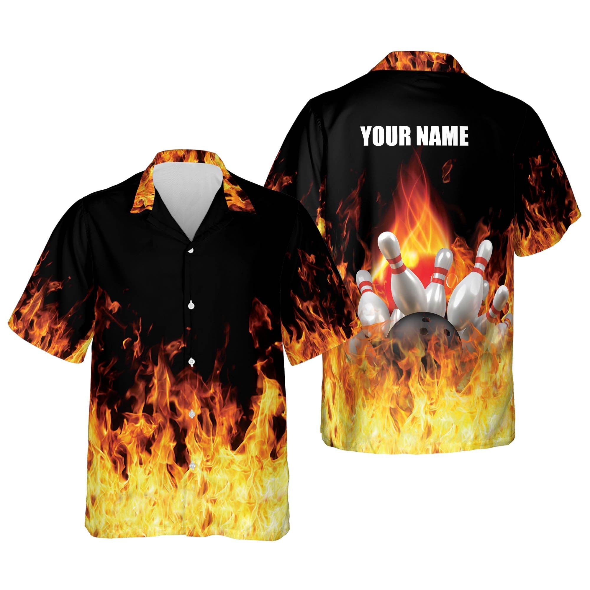 Button-Down Flame bowling Hawaiian Shirt/ Bowling Team Shirt/ Bowling Gift