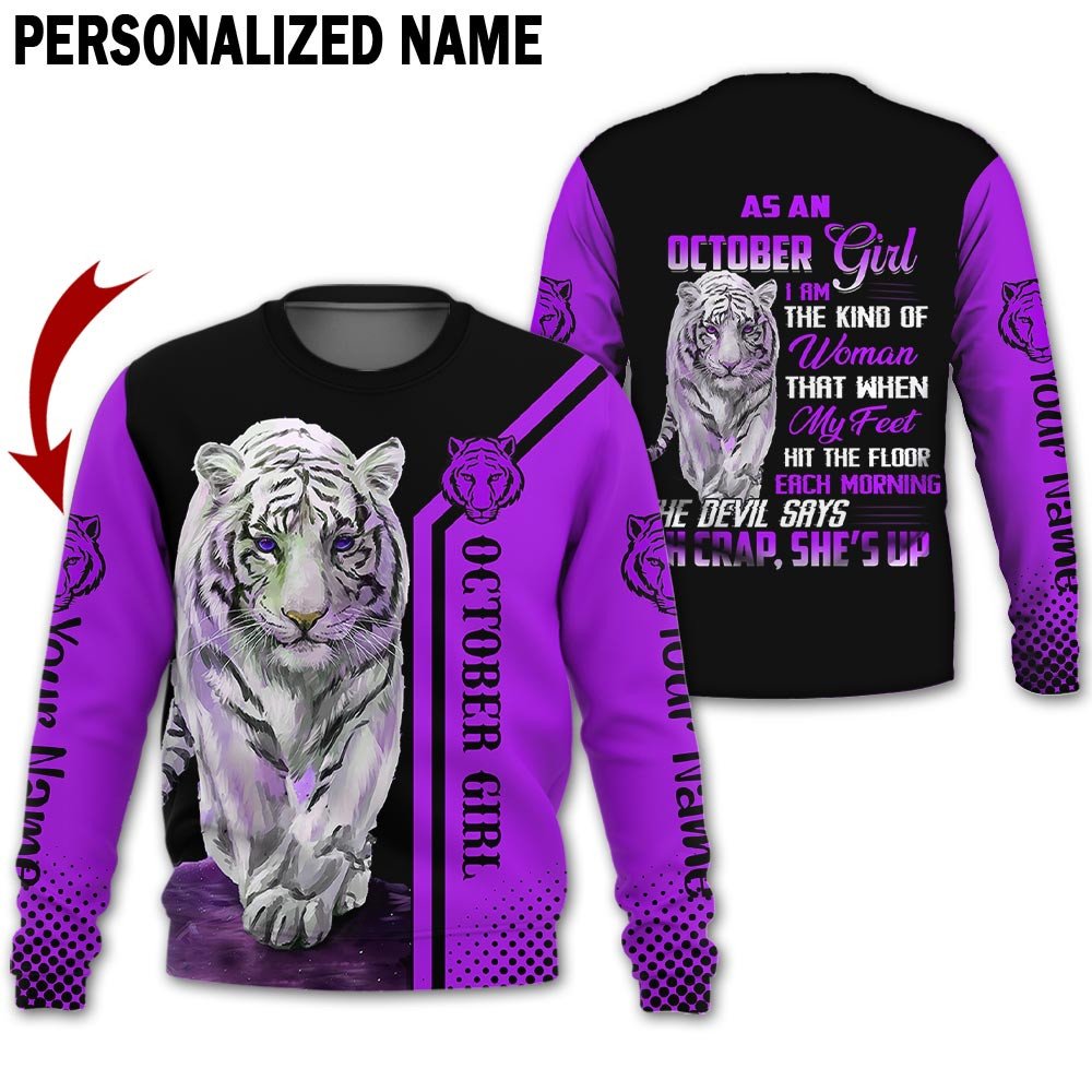 Personalized Name Birthday Outfit October Girl Tiger Purple She Up All Over Printed Birthday Shirt