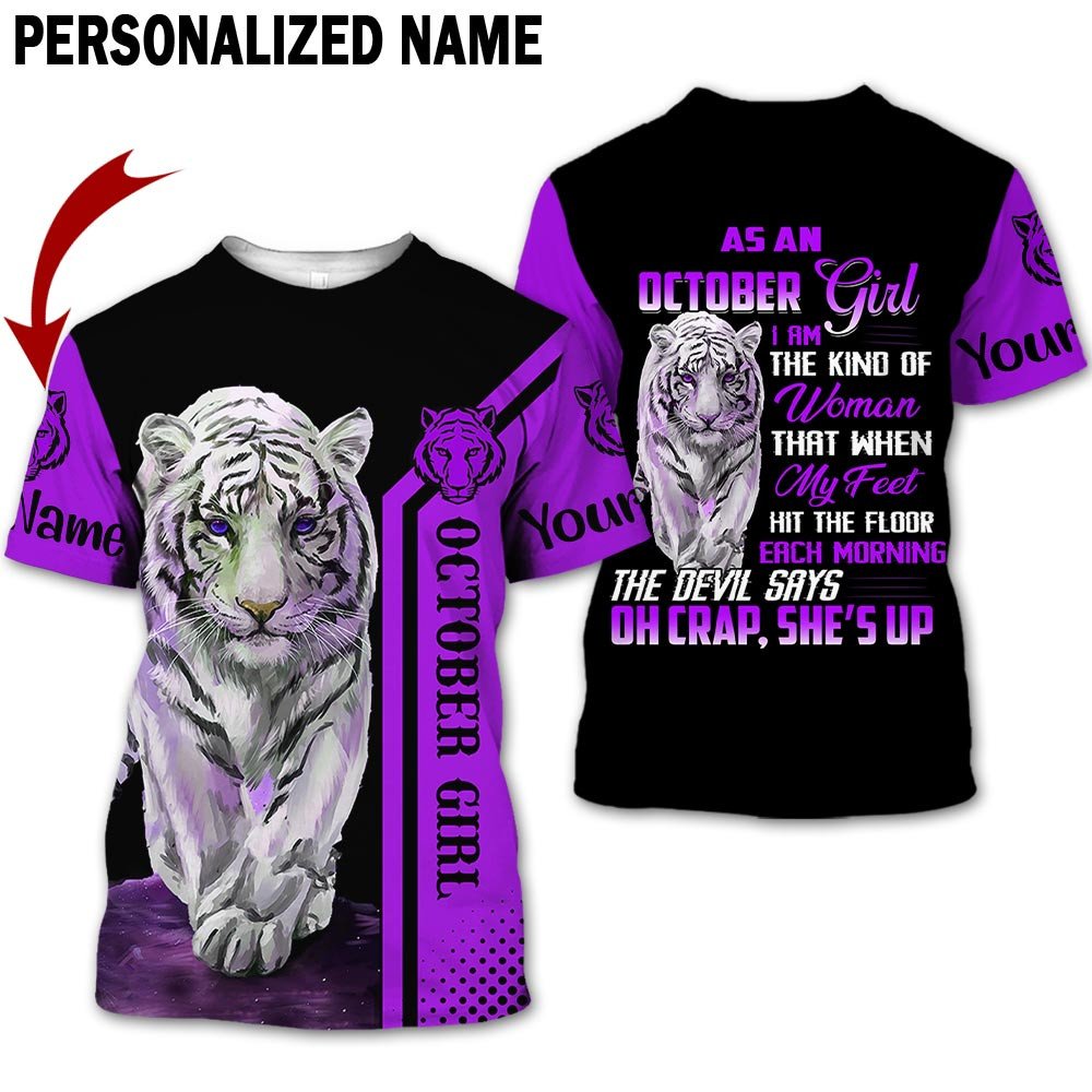 Personalized Name Birthday Outfit October Girl Tiger Purple She Up All Over Printed Birthday Shirt