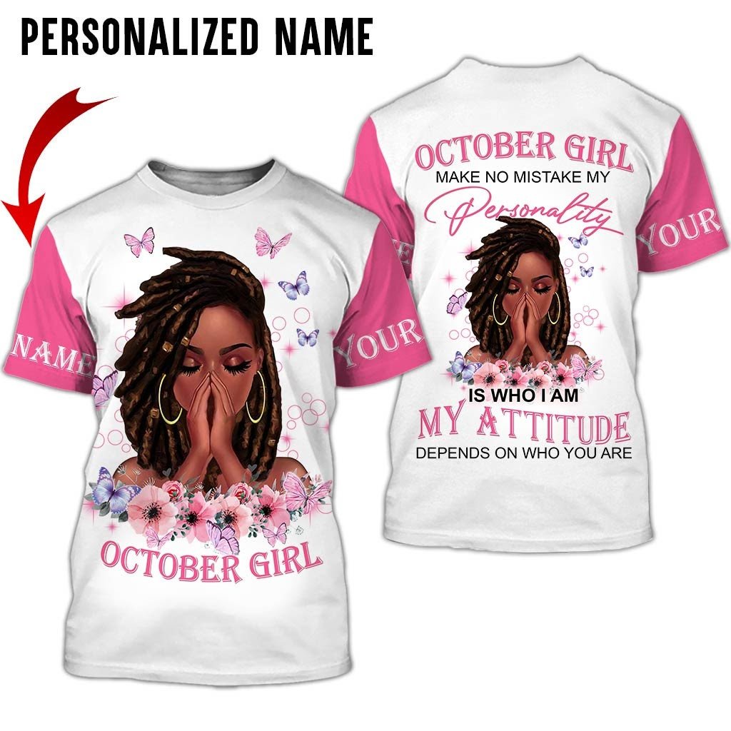 Personalized Name Birthday Outfit October Girl Woman Bufterfly Pink All Over Printed Birthday Shirt