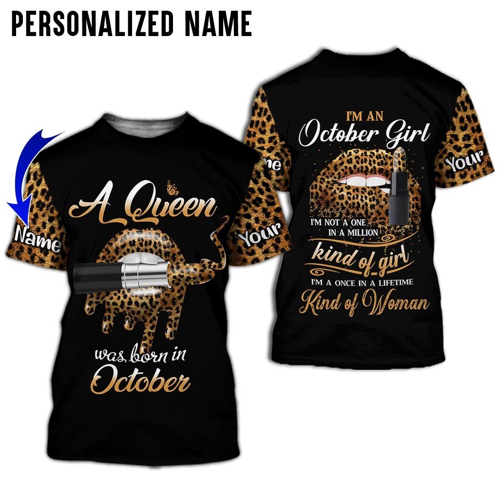Personalized Name Birthday Outfit October Girl Leopard Skin Lipstick  All Over Printed Birthday Shirt