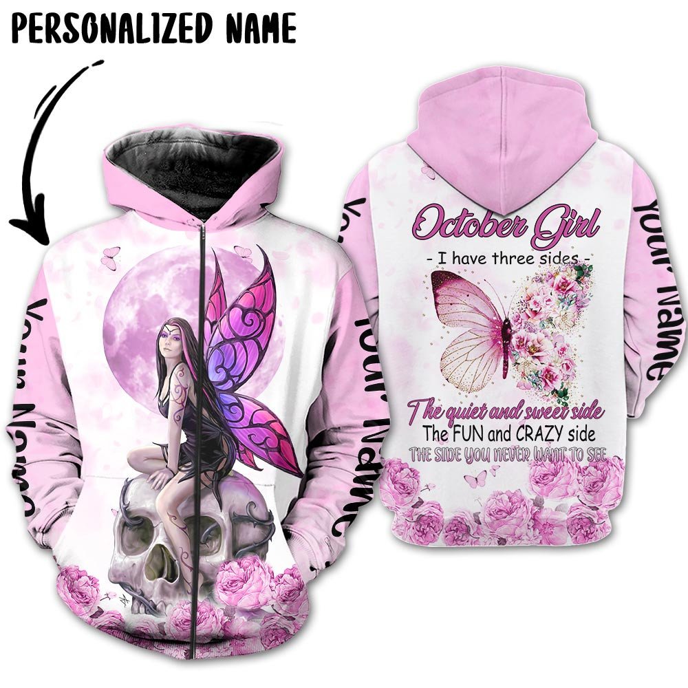 Personalized Name Birthday Outfit October Girl Skull Flower Pink Bufterfly All Over Printed Birthday Shirt