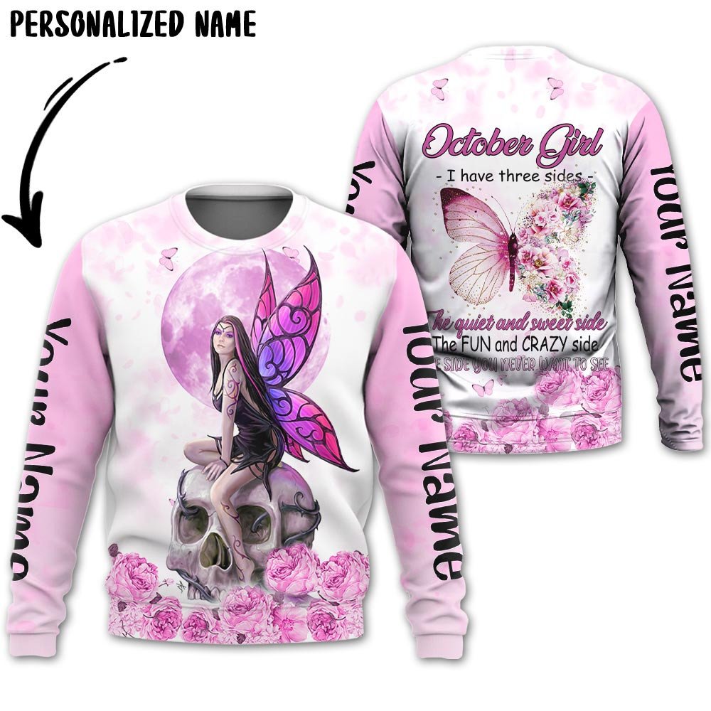 Personalized Name Birthday Outfit October Girl Skull Flower Pink Bufterfly All Over Printed Birthday Shirt