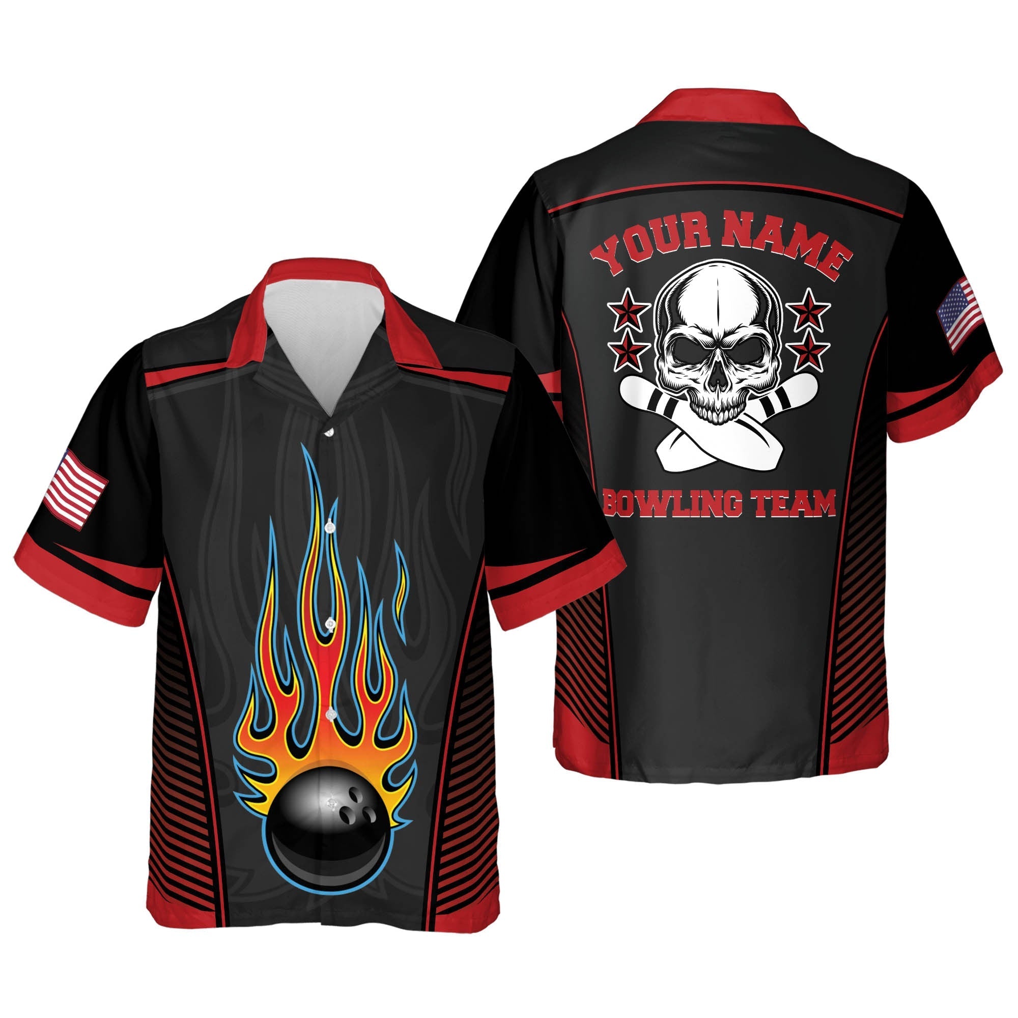 Flame Skull Button-Down bowling Hawaiian Shirt/ Bowling Team Shirt/ Bowling Gift
