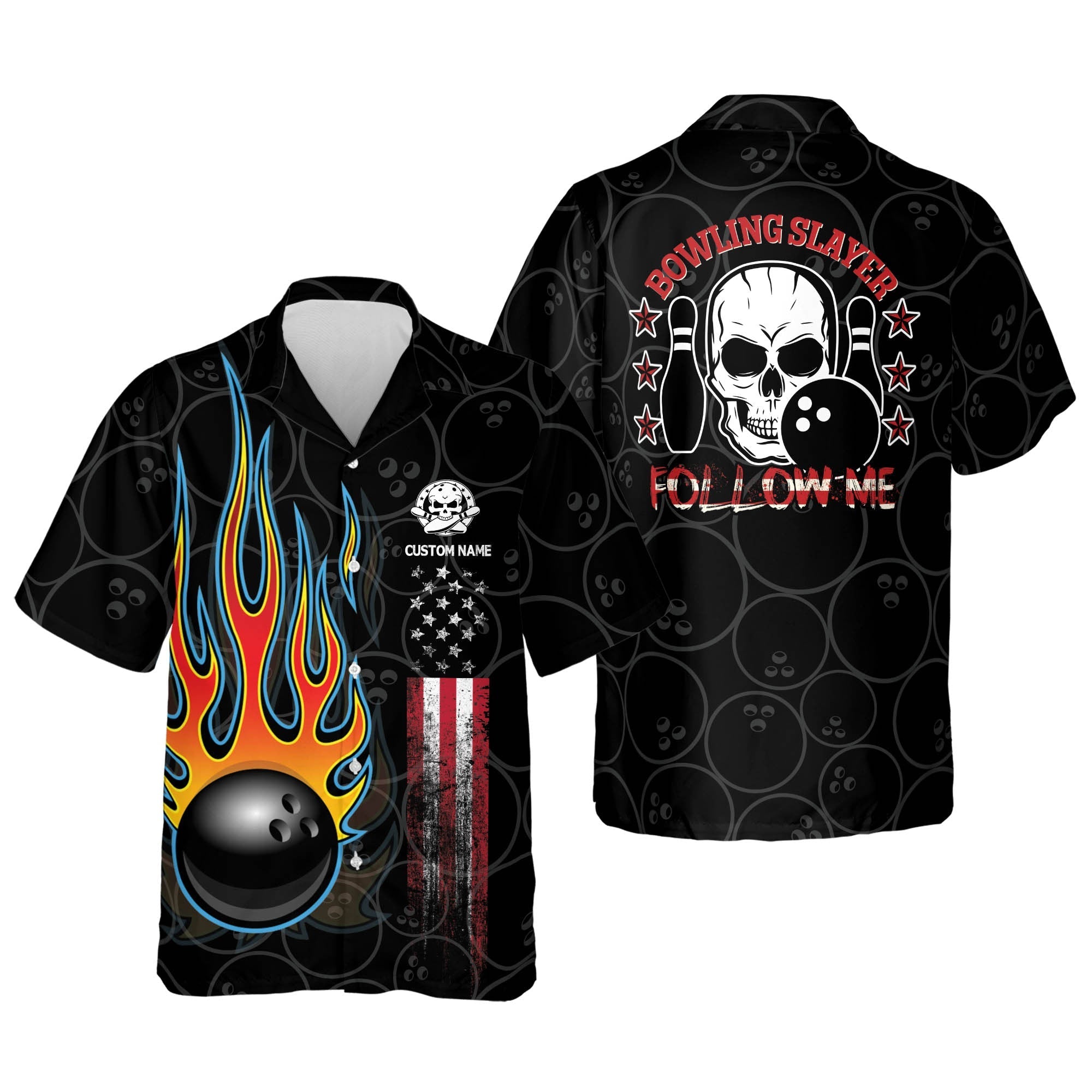 Flame Skull Bowling Slayer - Follow Me Button-Down Hawaiian Shirt/ Bowling Team Shirt/ Bowling Gift