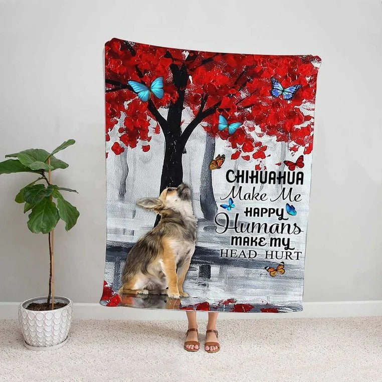Red Tree Chihuahua Make Me Happy Blanket Gift For Chihuahua Dog Lovers Birthday Gift Home Decor Bedding Couch Sofa