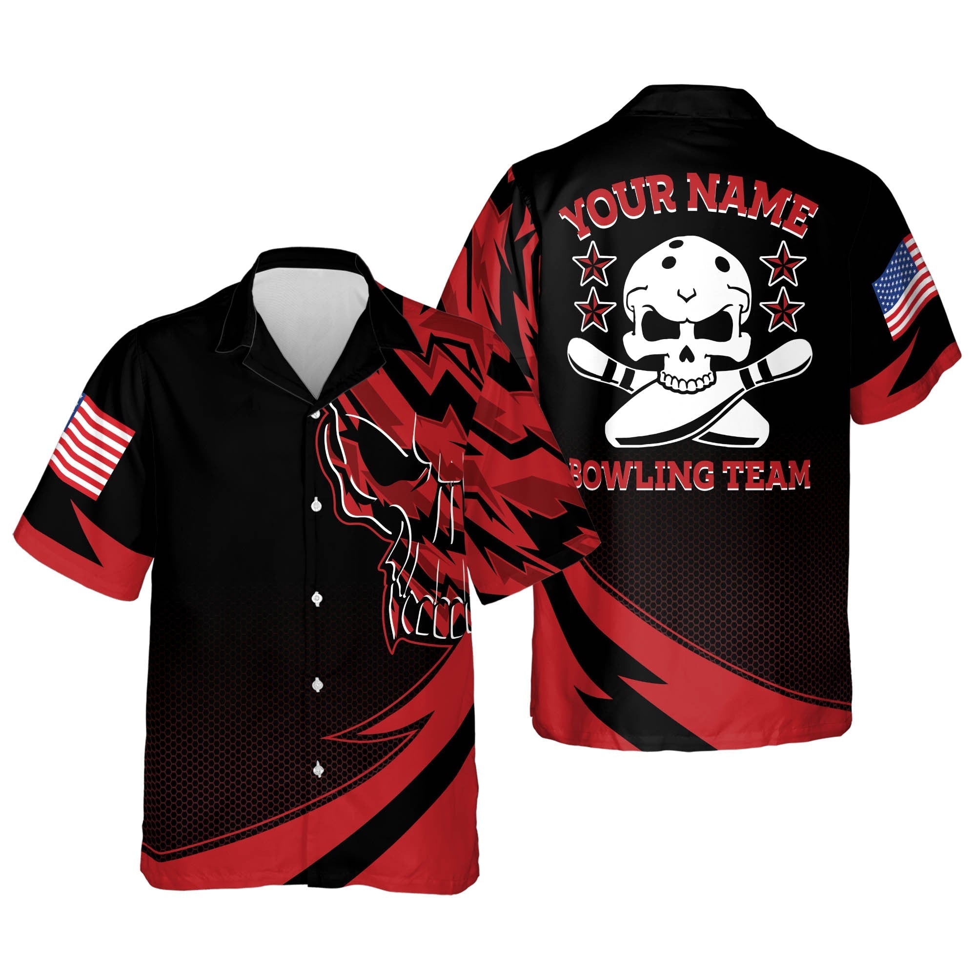 Skull Button-Down Flag bowling Hawaiian Shirt/ Bowling Team Shirt/ Bowling Gift
