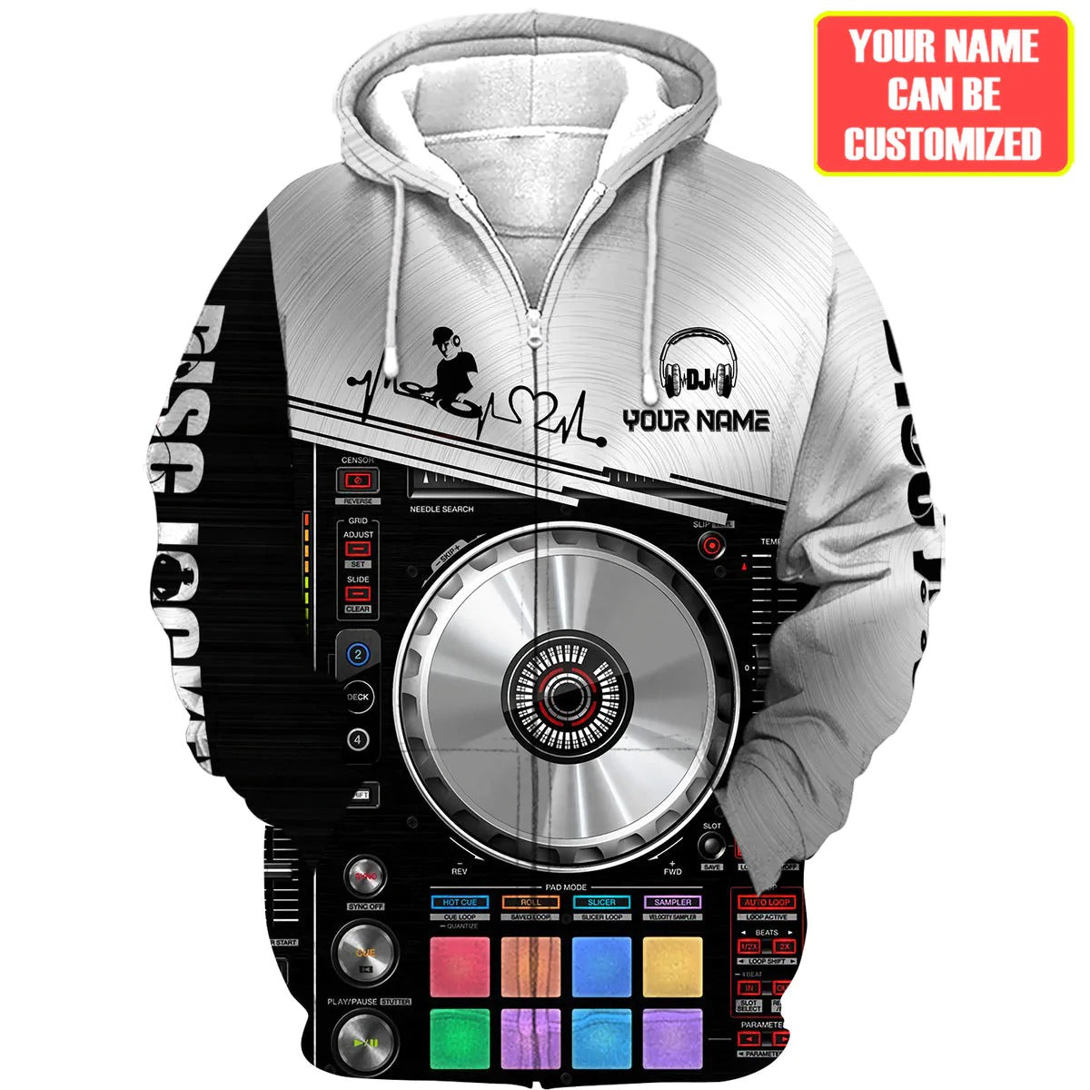 3D All Over DJ Player Hoodie/ Women DJ Zip Hoodie/ Men Disc Jockey Sweatshirt/ DJ Clothing For EDM Party