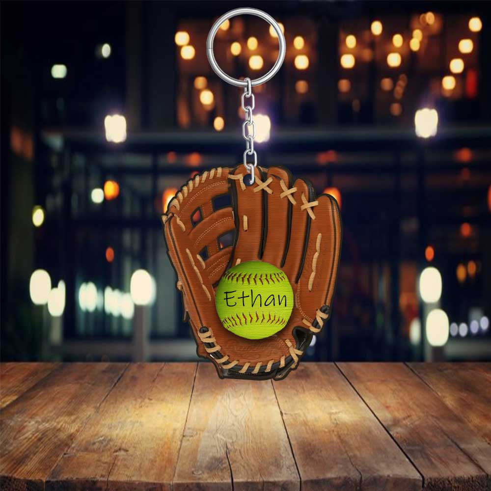 Personalized Softball Keychain/ Softball Gift for Son/ Daughter/ Flat Acrylic Keychain for Softball Lovers