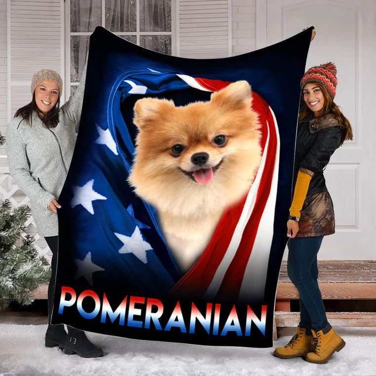 Pomeranian Dog American Flag Patriotic Blanket Gift For Dog Lovers/ Happy 4th Of July/ Birthday Gift Home Decor Bedding Couch Sofa Soft And Comfy Cozy