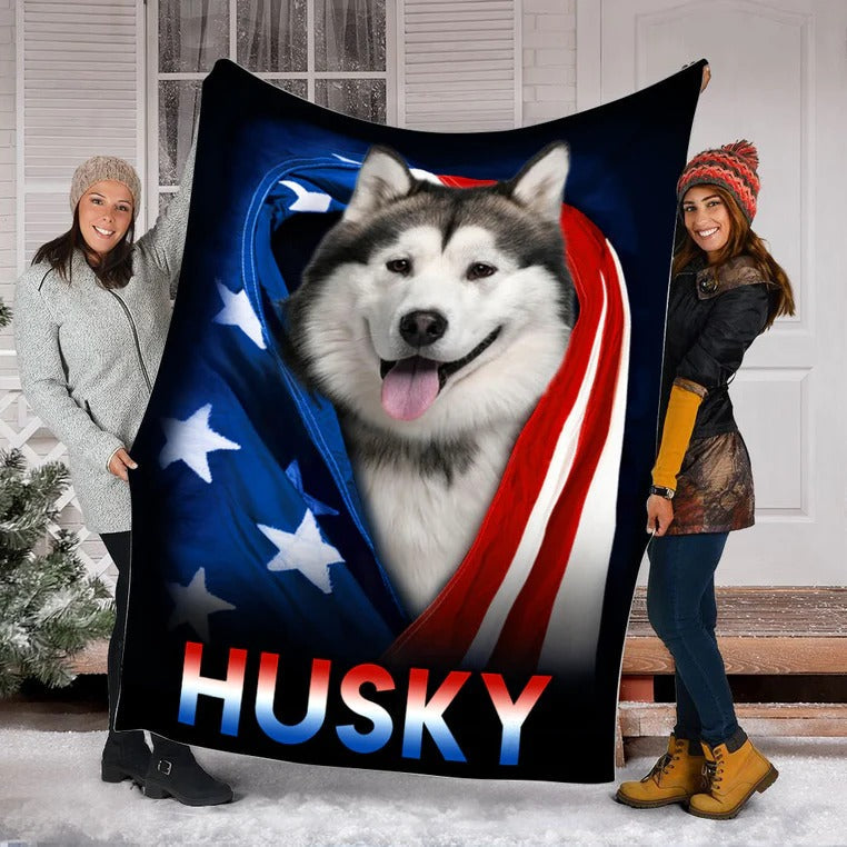 Husky Dog American Flag Patriotic Blanket Gift For Dog Lovers/ Happy 4th Of July/ Birthday Gift Home Decor Bedding Couch Sofa Soft And Comfy Cozy