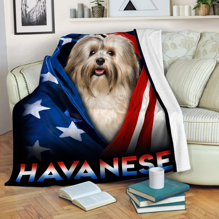 Havanese Dog American Flag Patriotic Blanket Gift For Dog Lovers/ Happy 4th Of July/ Birthday Gift Home Decor Bedding Couch Sofa Soft And Comfy Cozy