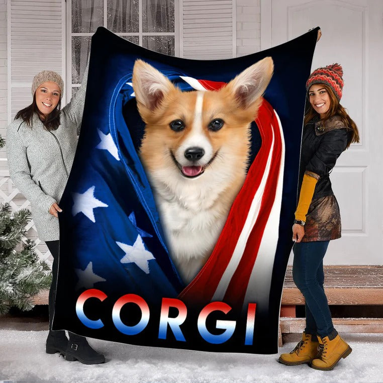 Corgi Dog American Flag Patriotic Blanket Gift For Dog Lovers/ Happy 4th Of July/ Birthday Gift Home Decor Bedding Couch Sofa Soft And Comfy Cozy