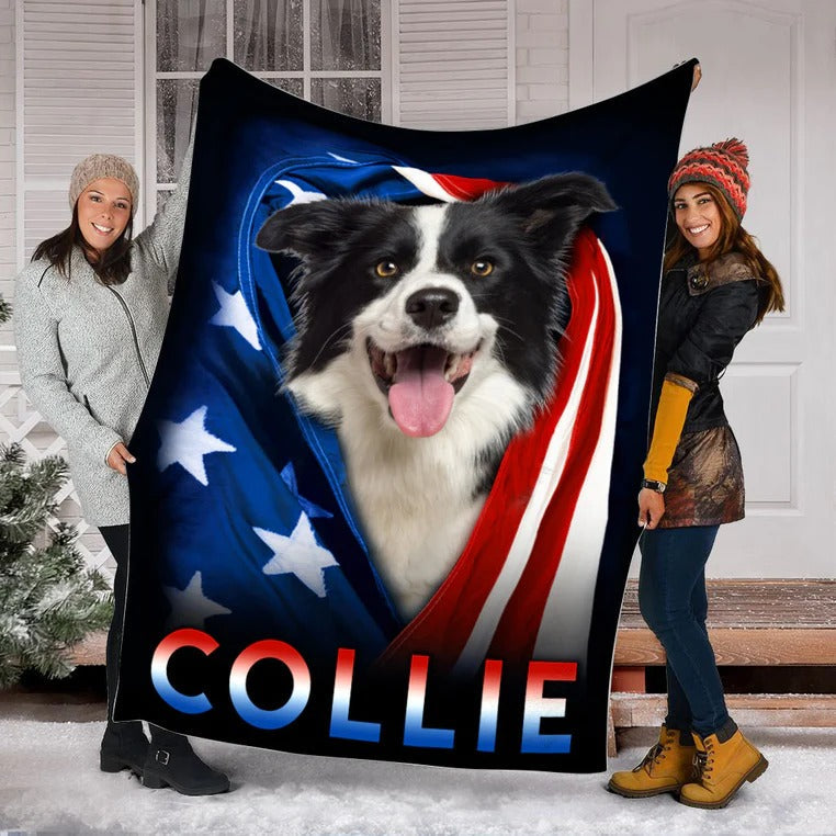 Border Collie Dog American Flag Patriotic Blanket Gift For Dog Lovers/ Happy 4th Of July/ Birthday Gift Home Decor Bedding Couch Sofa