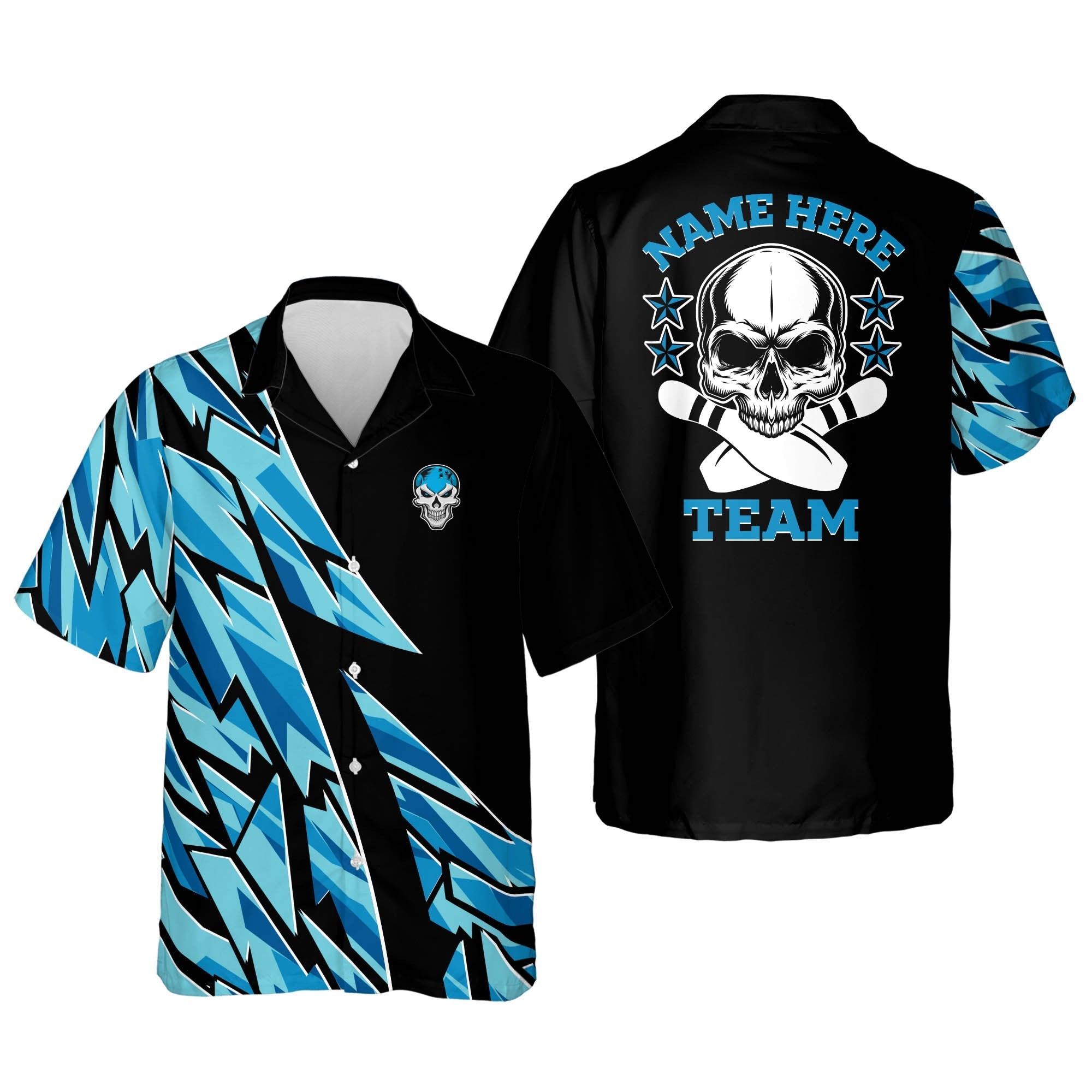 Custom Blue Skull Button-Down Casual Hawaiian Shirt/ bowling Hawaiian Shirt for Men/ Bowling team shirt