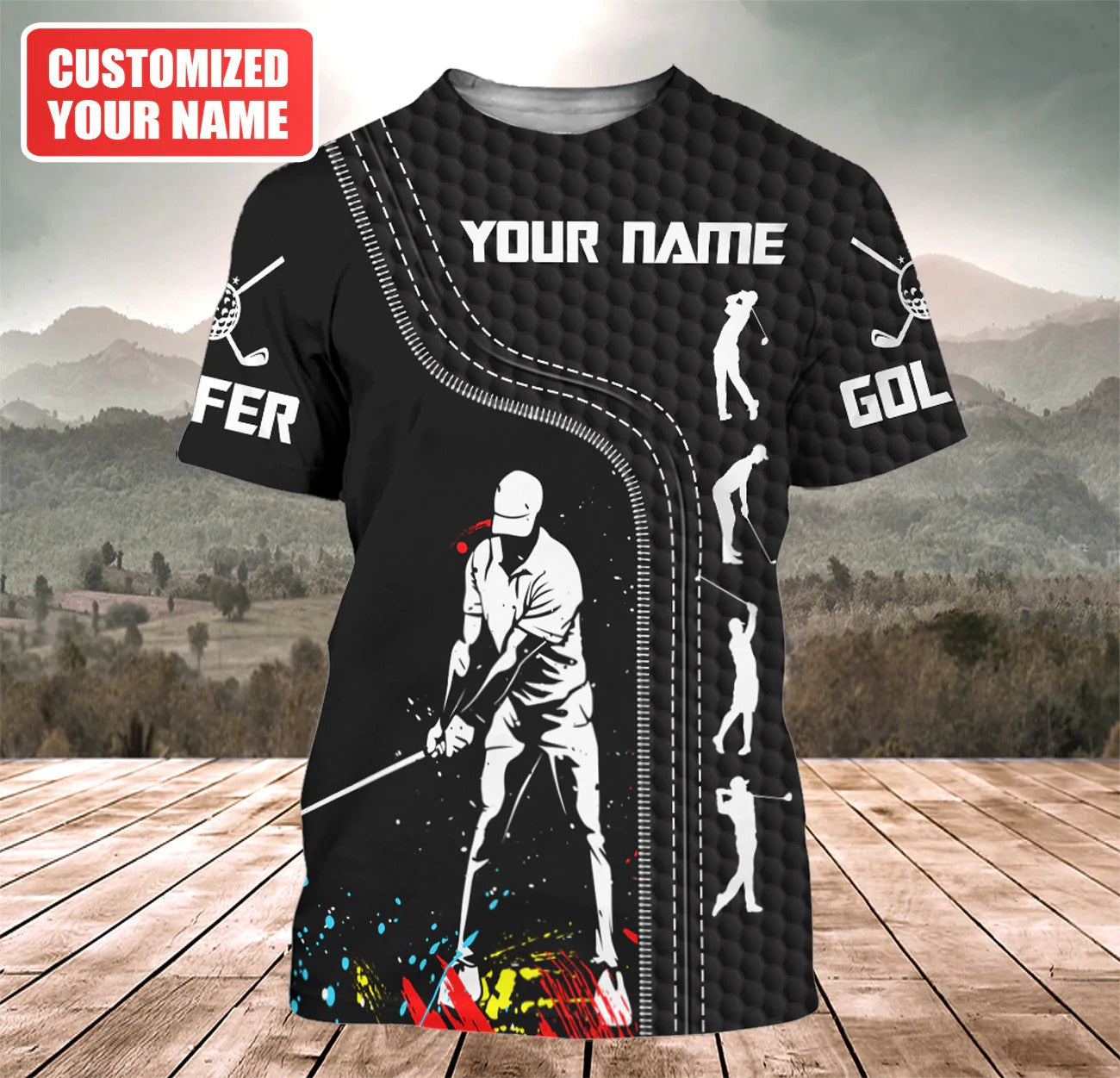 Personalized 3D Print Golf T Shirt Black Pattern/ Golf Gift For Him/ Men Golfer Shirt