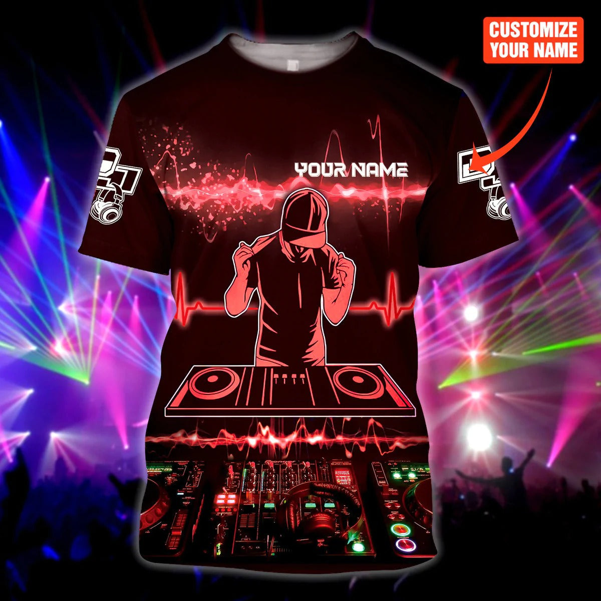 Custom 3D Print DJ Shirt For Men Woman/ Deezay Tshirt Black And Red Pattern/ Present To DJ