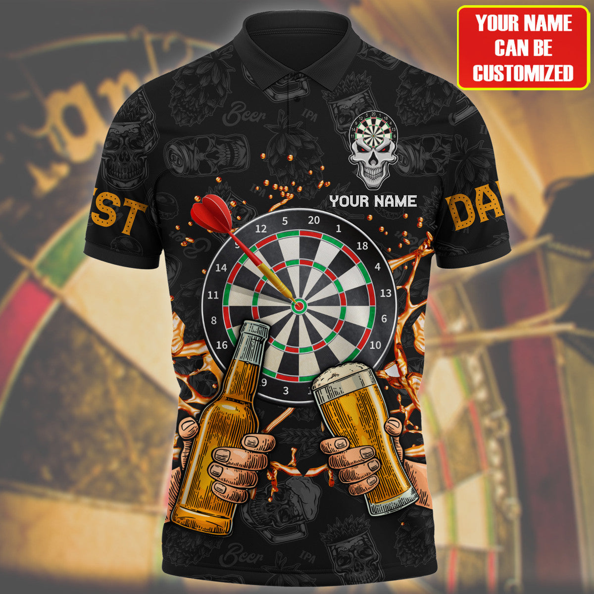 Personalized Name Yellow Darts Player All Over Printed Polo Shirt/ Dart and Beer Shirt For Men