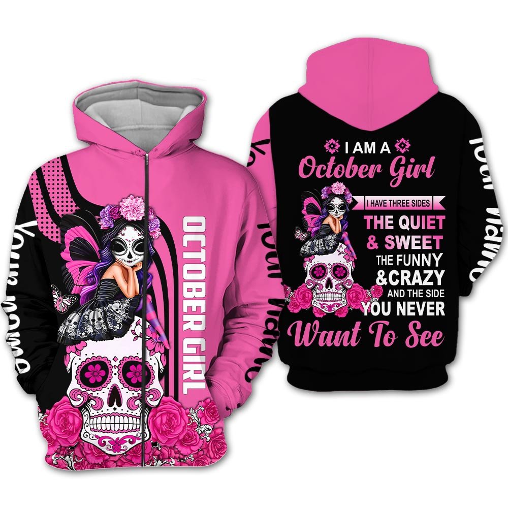 Personalized Name Birthday Outfit October Girl Sugar Skull Pink Love Style Birthday Shirt For Women