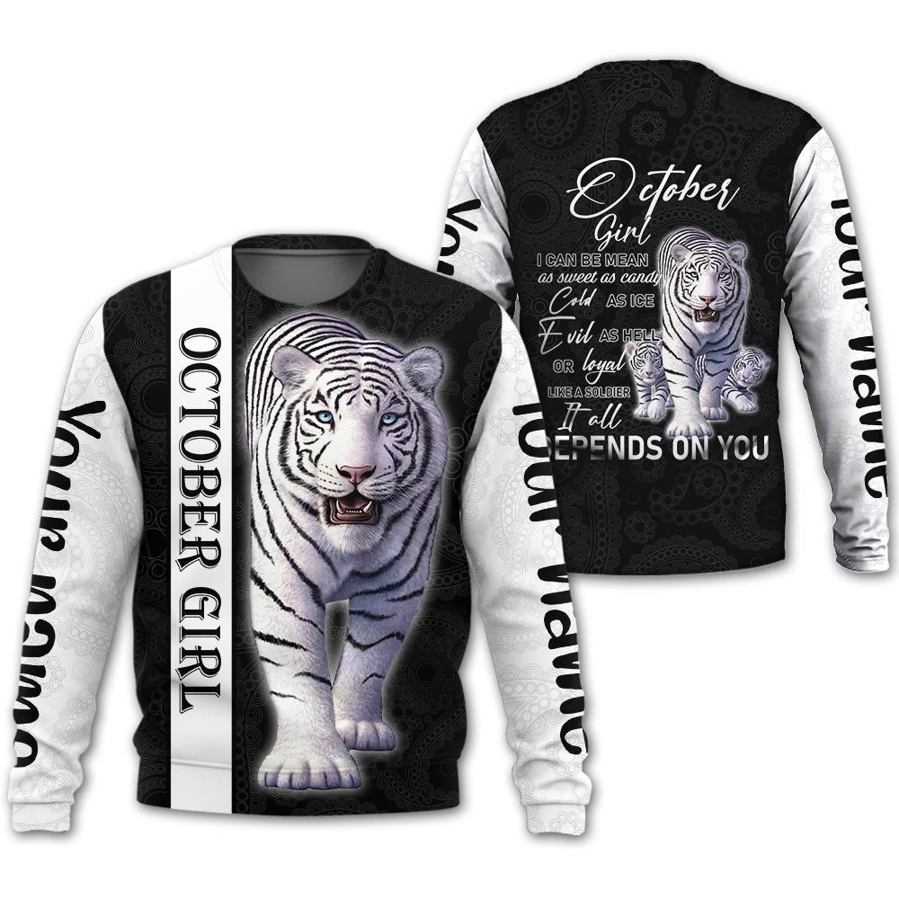 Personalized Name Birthday Outfit October Girl Tiger White Love Style Birthday Shirt For Women