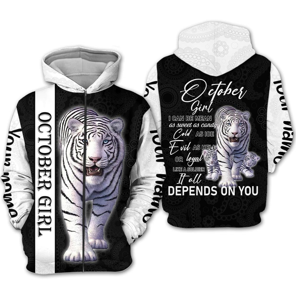 Personalized Name Birthday Outfit October Girl Tiger White Love Style Birthday Shirt For Women